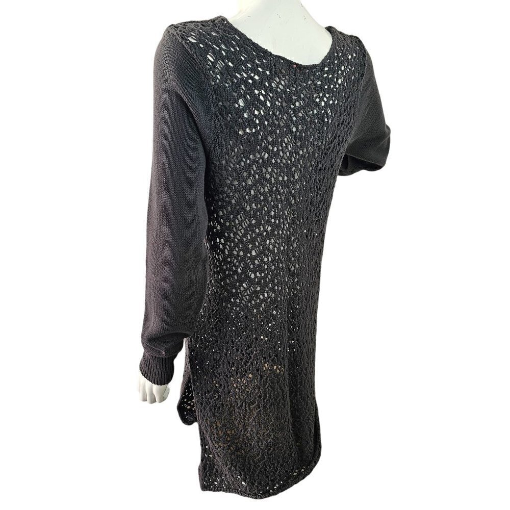 Heather B Open Knit Tunic Sweater Womens Sz L Long Slv Scoop Neck Slit Hem Gray